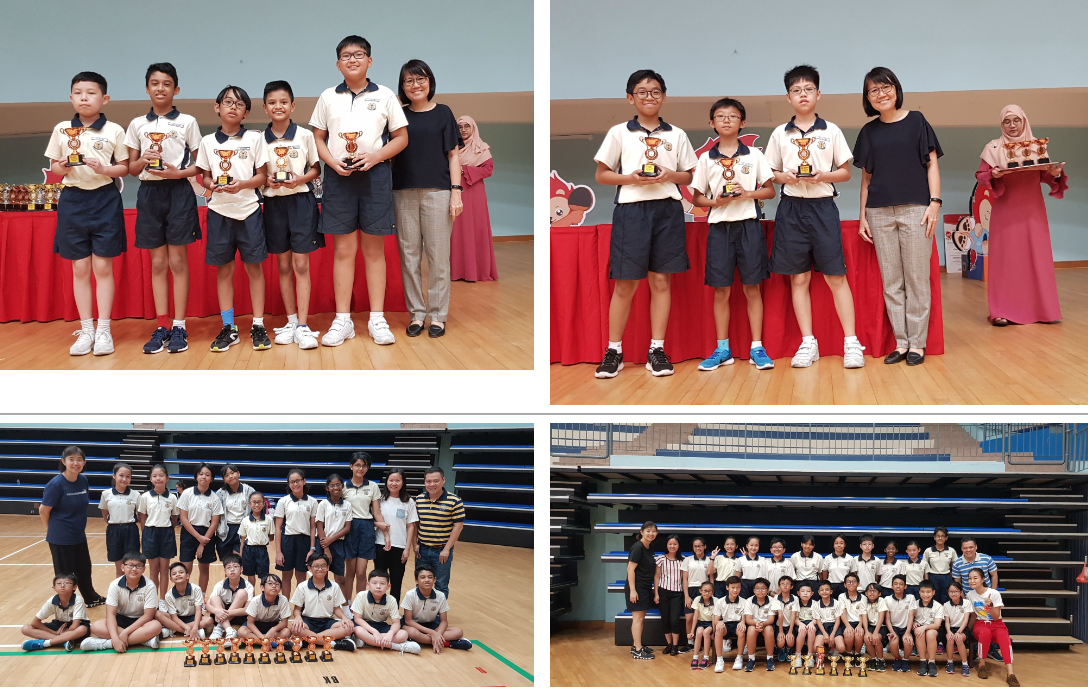Four group photos of school students in uniform holding trophies, posing with teachers in a gymnasium.